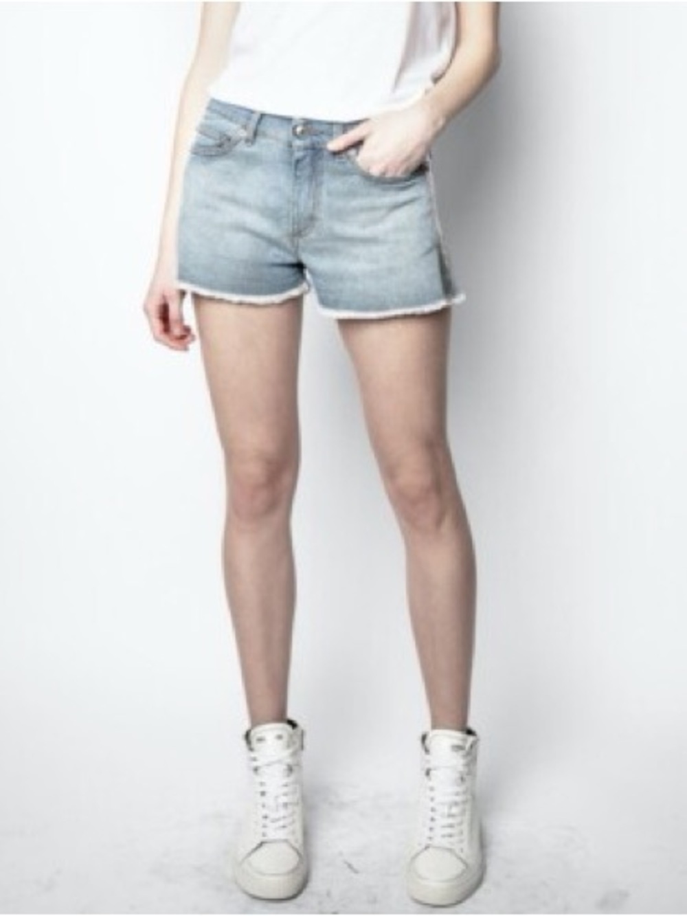 Zadig & Voltaire Striped Storm Light Blue Raw-Hem Denim Shorts